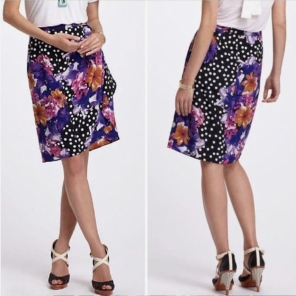 Anthro BARASCHI Beryl ROCKABILLY Floral Ruffle Wrap Dot Pencil Skirt 8